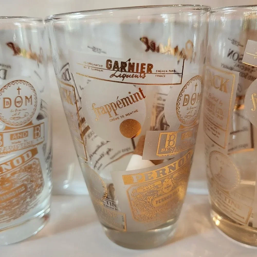 Vintage Mint '60s Set Of 3 22k Gold European Brand Graphics Drinking/Bar Glasses